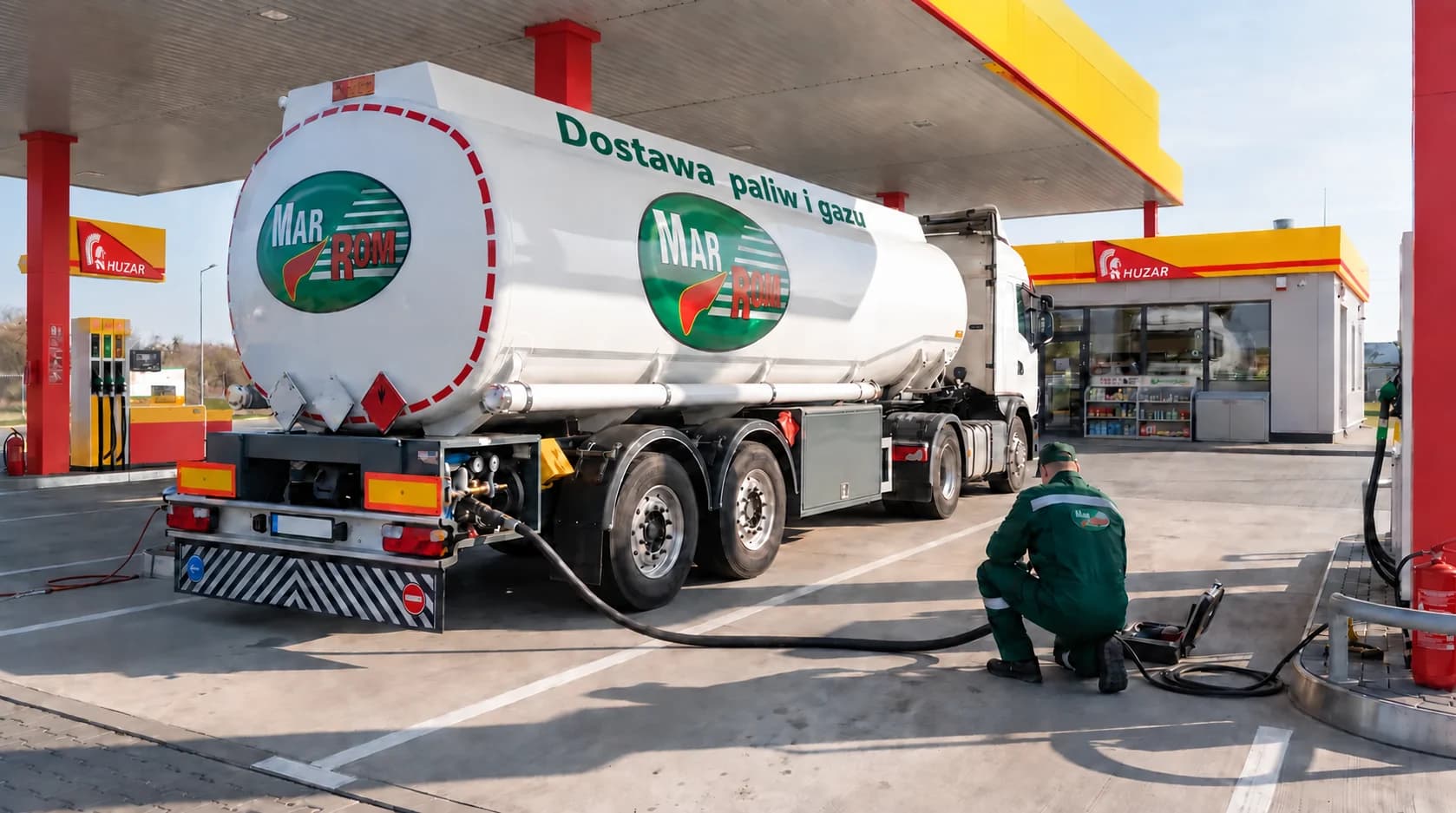 Wizualizacja dostawy paliwa przez autocysternę Mar-Rom na stacji Huzar