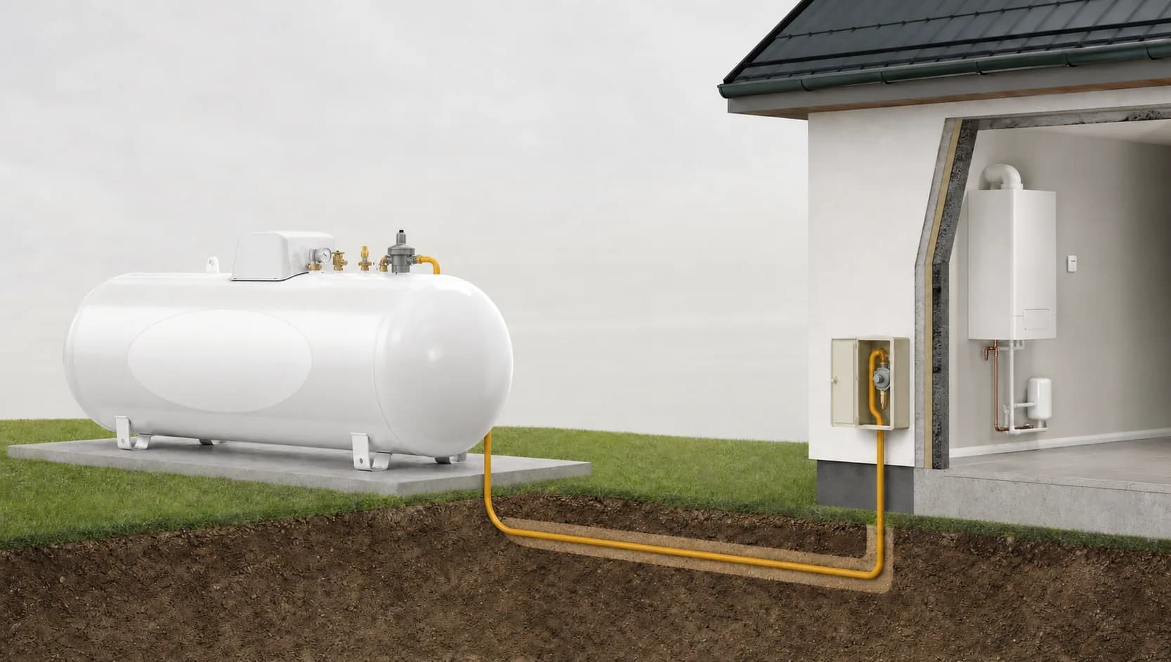 Poglądowy przekrój naziemnej instalacji LPG Mar-Rom ze zbiornikiem, armaturą, przewodem w gruncie i przyłączem do domu