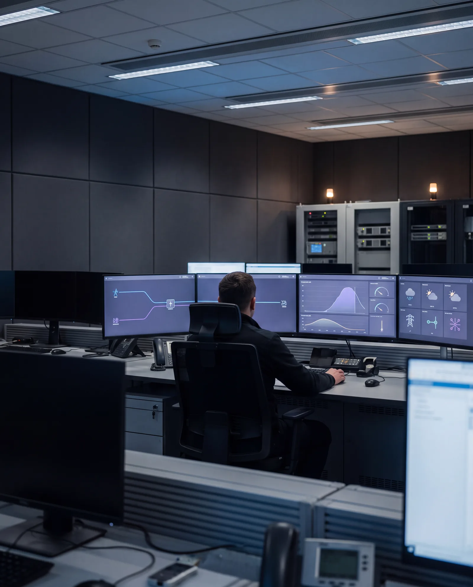 Operator przy stanowisku monitorowania przepływu energii