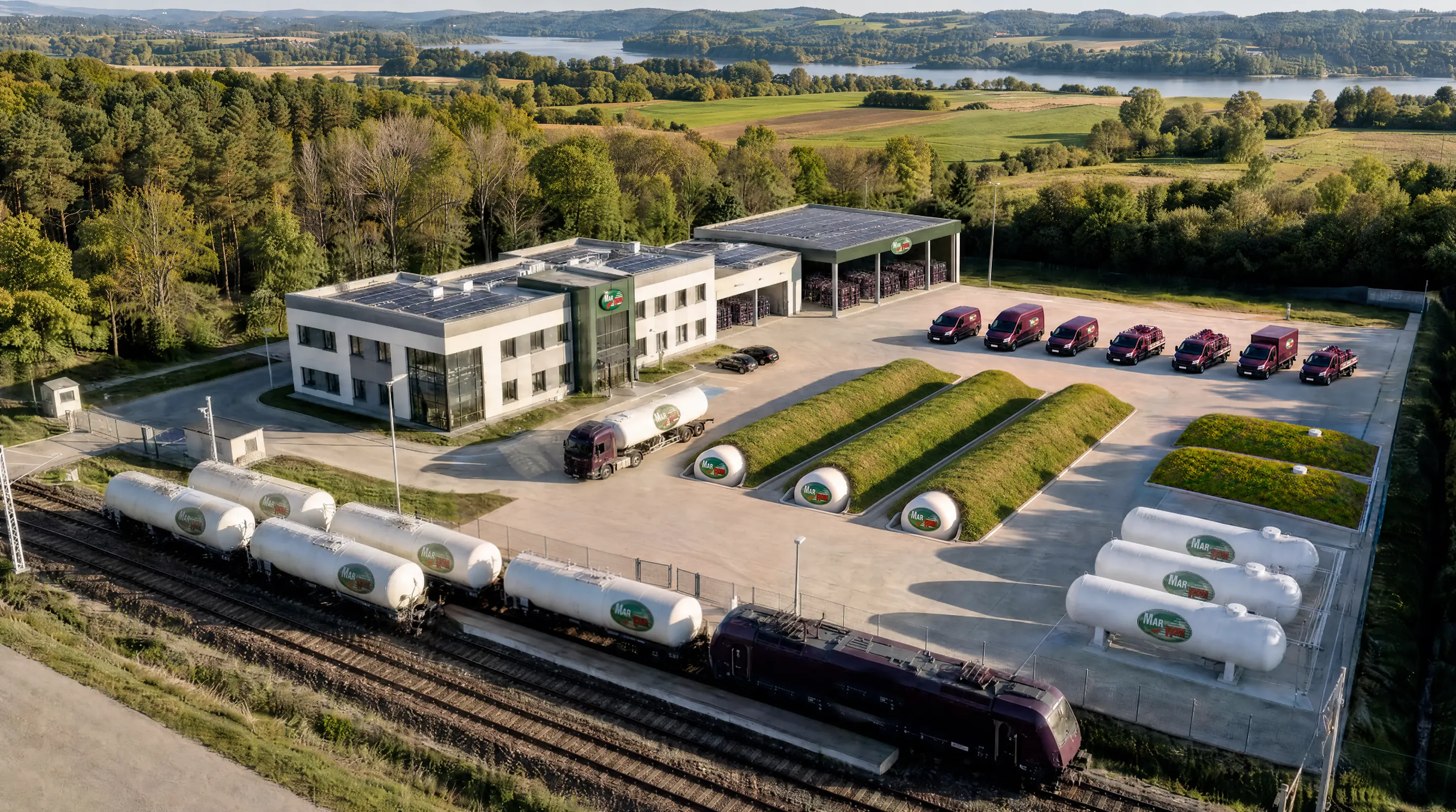 Wizualizacja siedziby Mar-Rom z terminalem LPG, zbiornikami i bocznicą kolejową