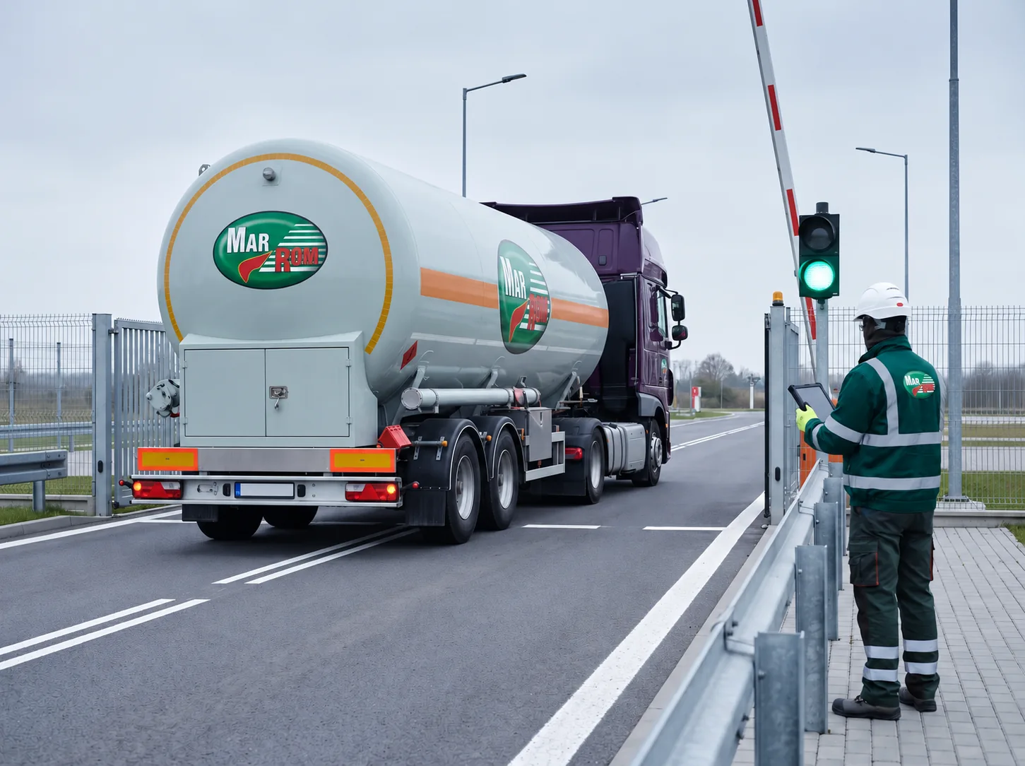 Pracownik kontrolujący autocysternę Mar-Rom przy bramie terminala